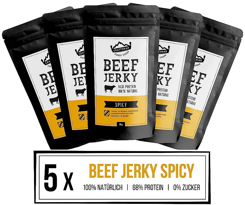Craftsman Beef Jerky Spicy | Aus Deutschland - Bayern | Set 5 x 50g = 250g | 100% Rind | High Protein 68% | Biltong Trockenfleisch Chili | 100% Natürlich | Ohne Zucker