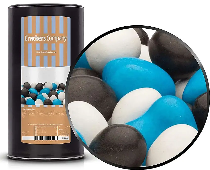 1 x 950g Erdnüsse in Vollmilchschokolade WEISS BLAU & SCHWARZ vegetarisch