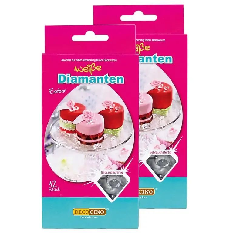 DECOCINO Essbare Diamanten, weiß (2x 12 Stk.) – funkelnde essbare Edelsteine – Kuchendeko & Tortendeko – für Hochzeitstorten-Deko & Geburtstagskuchen