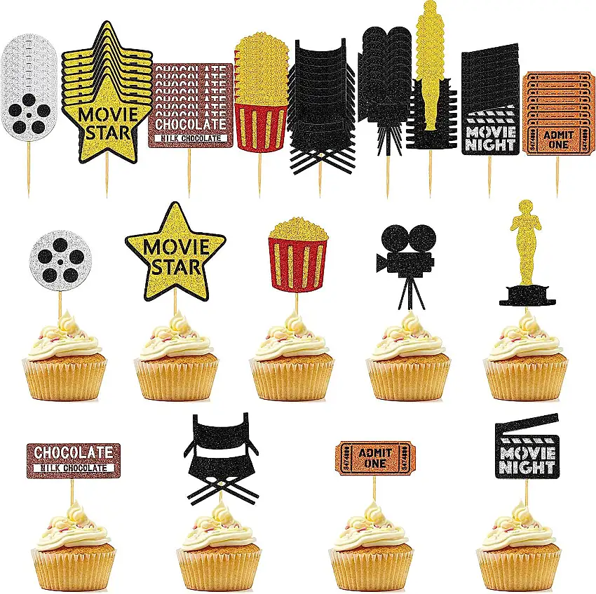 72 Stück Filmnacht Cupcake-Topper Hollywood-Film-Themen-Party Picks Film Party Supplies Dekorationen für Hochzeit Geburtstag Party 9 Stile