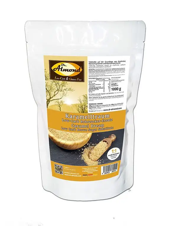 Dr. Almond KARAMELLTRAUM Low-Carb Rohrzucker-Ersatz Braunes Erythrit - 1:1 so süß wie Zucker 1000 g