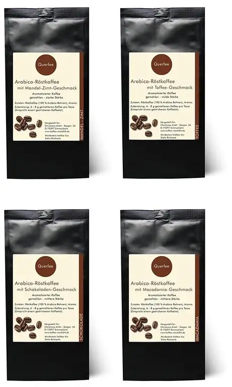 4 x Kaffee mit Geschmack - Mandel Zimt, Toffee, Schokolade, Macadamia - Arabica Röstkaffee mit Aroma - gemahlen - 4 x 75 g (300 g insgesamt)