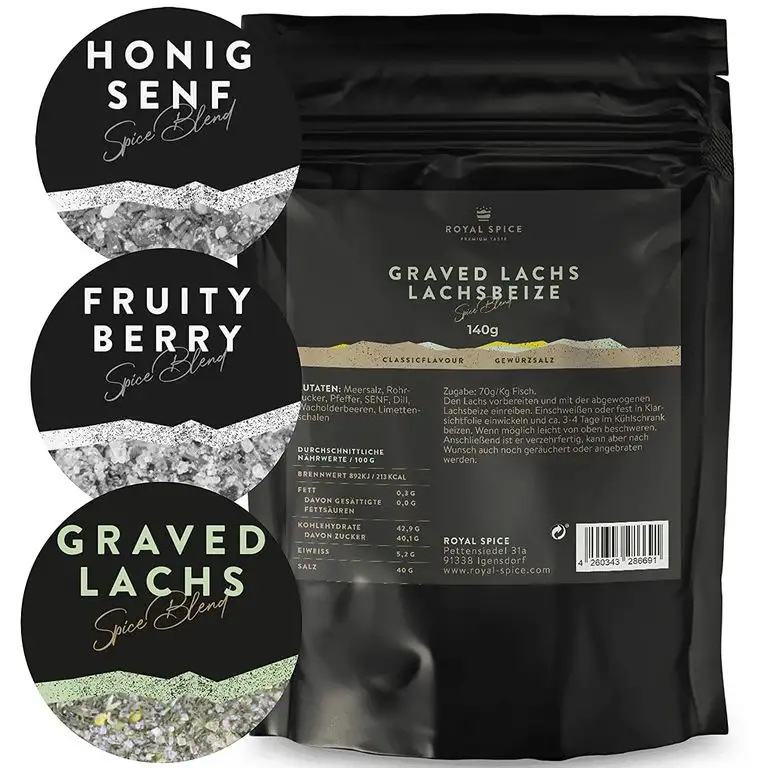 Royal Spice Lachsbeize Graved Lachs - 140g Beutel - Trockenmarinade für 2kg Fisch, einfache Anwendung, auch für Räucherlachs geeignet