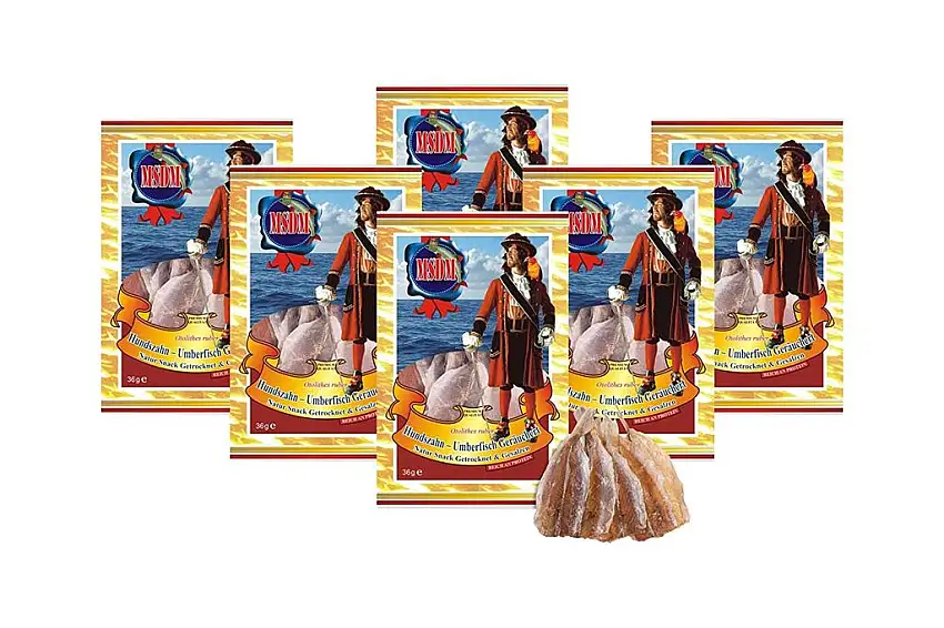 Hundszahn - Umberfisch Geräuchert - (6 x 36g Pack) Natur Snack getrocknet & gesalzen I Low Carb I High Protein I Fitness Snack I Trockenfisch reich an Omega -3- ohne Zusatzstoffe I für Männer & Frauen