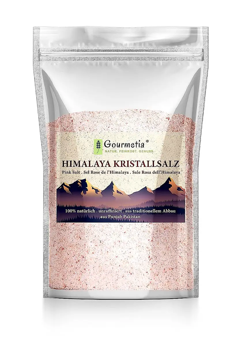 Gourmetia Himalaya Salz fein 2KG, Rosa Kristallsalz aus Punjab Pakistan, Steinsalz