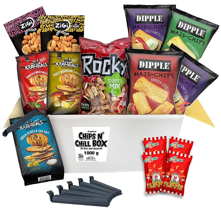 Tise Süsswaren Chips n Chill Box - Die Box zum Snacken (1Kg /12 Tüten) inkl. 6 Tütenclips, Paprika