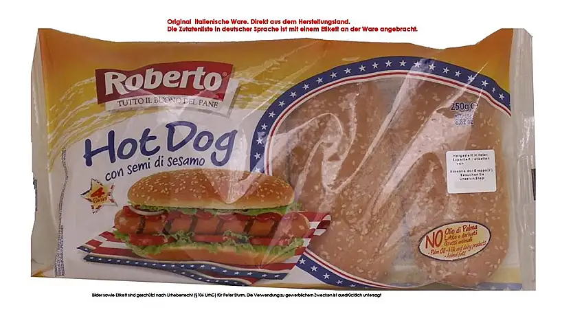 Roberto Hot Dog con semi di Sesamo 6 x 4 x 62,5g = 1500g / Brot für Hot Dog mit Sesamsamen und Rapsöl.