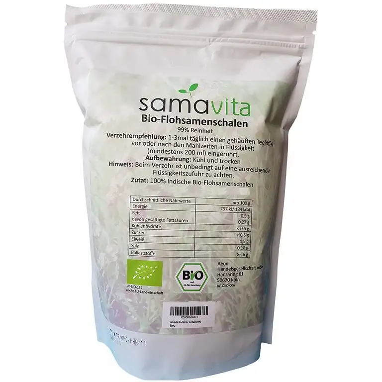 Bio Flohsamenschalen 1 Kg | 99% Reinheit | ganz / naturbelassen | Wiederverschließbarer Frischebeutel | Ballaststoffreich | Glutenfrei | Vegan | Geprüfte Lebensmittelqualität | 1000g