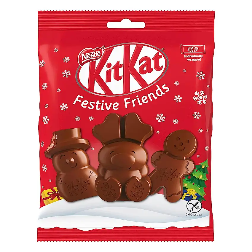 NESTLÉ KITKAT Festive Friends Schokoladen-Mix, Mini-Weihnachtsfiguren aus Milchschokolade mit Knusperstückchen, 1er Pack (1 x 65g)