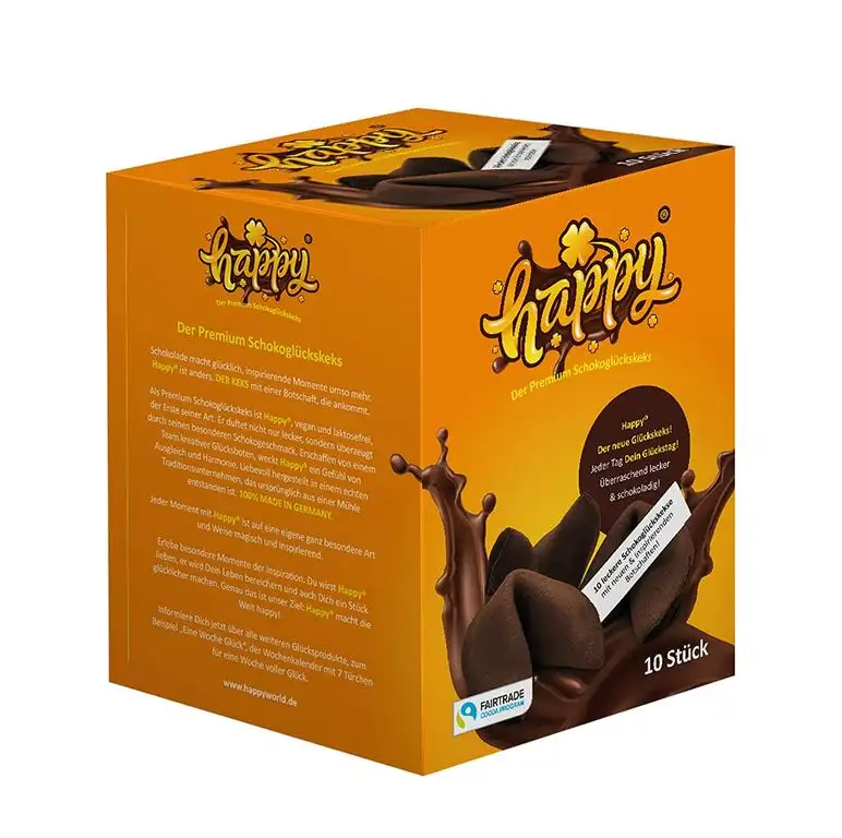 Glückskekse Happy Schoko Glückskeks "Vegan, Schoko" in einer 10er Box, mit inspirierenden Botschaften (1 Box = 10 Glueckskekse à 6g) Japanische Süssigkeiten mal anders!