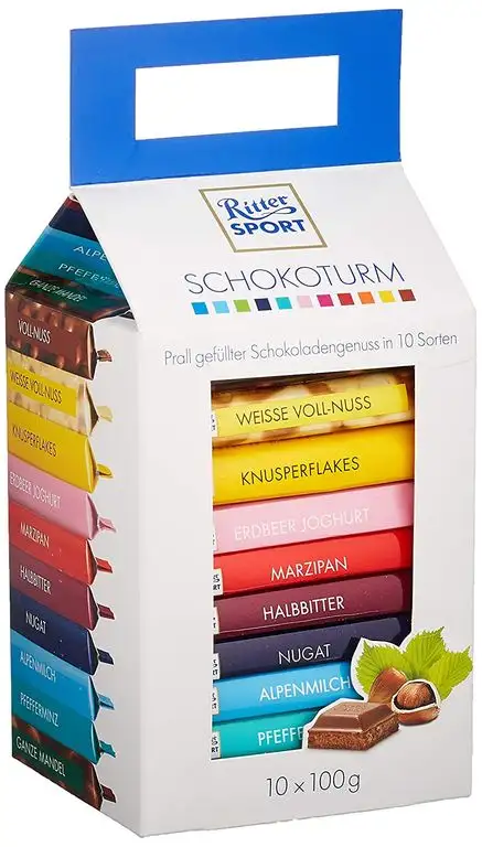 Ritter Sport Turm, Vollmilchschokolade, Halbbitter, weiße & Nussschokolade, Tafelschokolade in 10 verschiedenen Sorten, Schoko-Turm, (10 x 100 g)