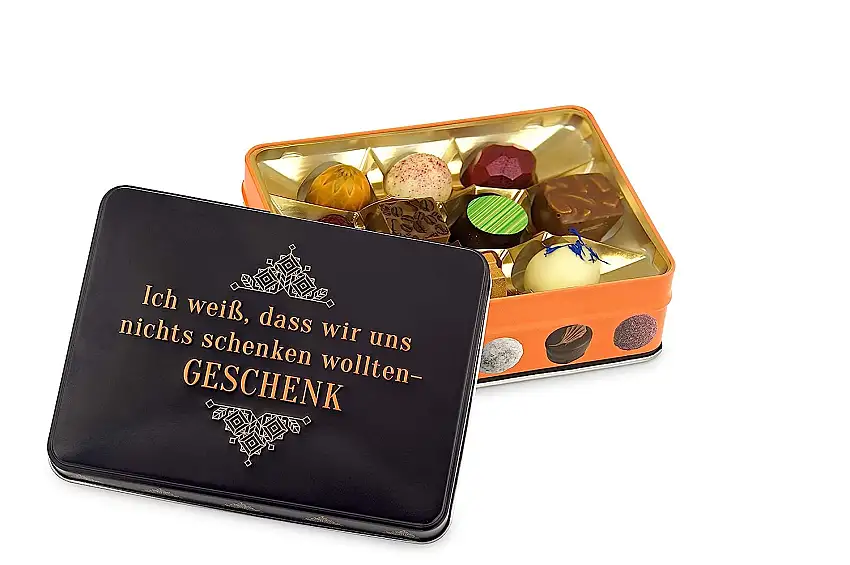 Präsentdose "Ich weiß, dass wir uns nichts schenken wollten Geschenk" 125g Manufakturqualität!, handgefertigt von den Konditoren der Confiserie Rabbel...für ein Lächeln mehr am Tag