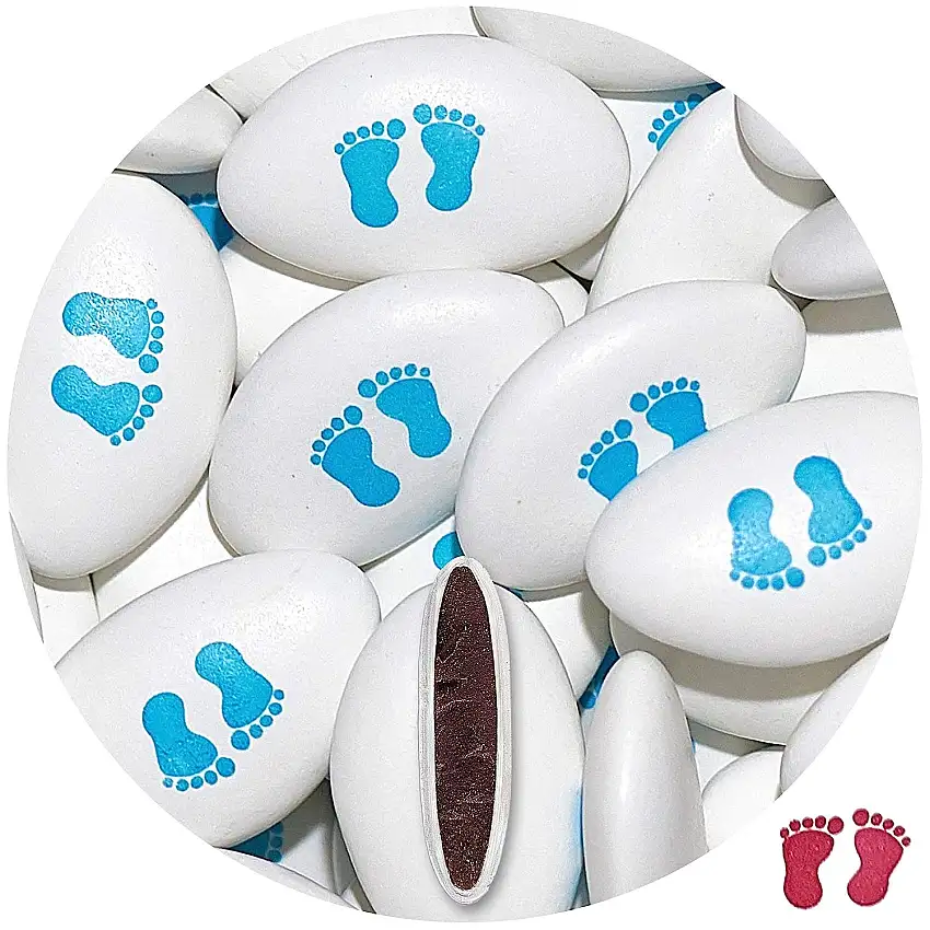 EinsSein® 250g Schokodragees Taufe bedruckte Füßchen Baby Blau Dragees Schokolinsen Taufmandeln Zuckermandeln Schokomandeln Taufe Segnung Weihe Weihung Junge Mädchen weiss herz schoko spruch hellblau