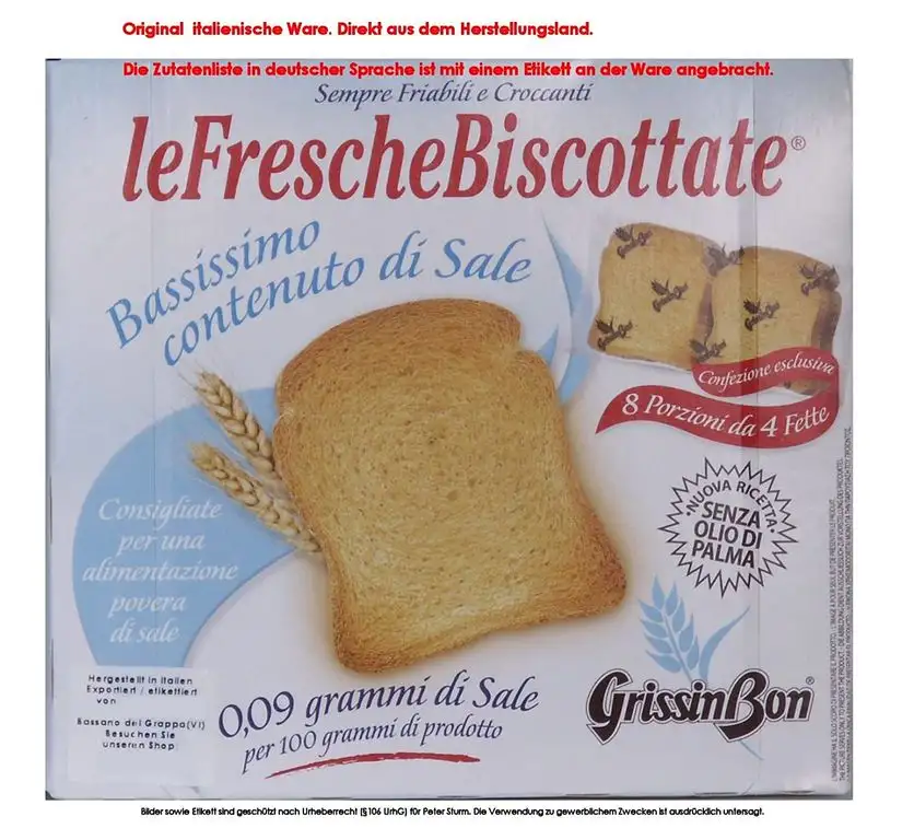 GrissinBon le Fresche Biscottate Bassissimo contenuto di Sale 5x 250g = 1250g Unterverpackt 8 Portionen mit 4 Scheiben. Zwieback aus Weizenmehl Kochsalzarm. Ohne Palmöl.
