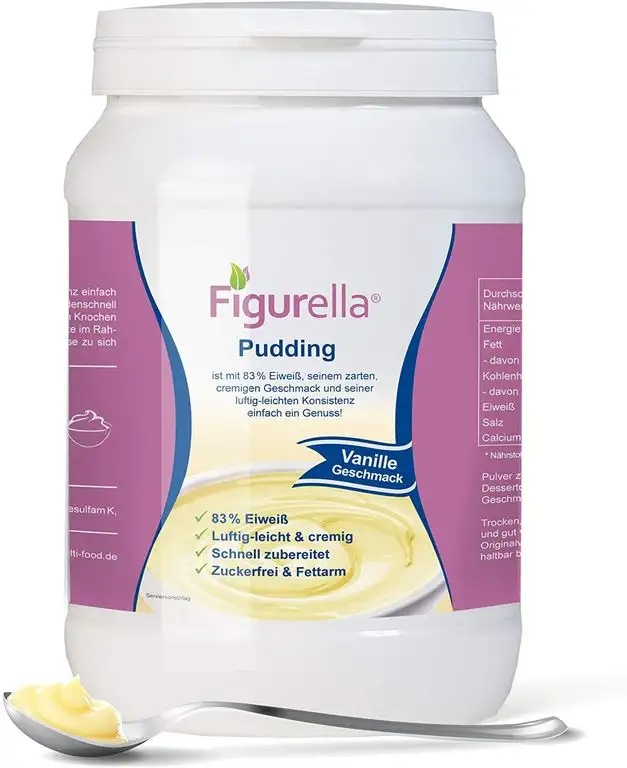 Figurella Pudding mit Milch Eiweiß und Ballaststoffen, ohne Kochen, macht satt, mit Calcium, zuckerfrei, fettarm, cremiges Diät Dessert, gering glykämisch, zum schnellen Abnehmen, 300g (Vanille)