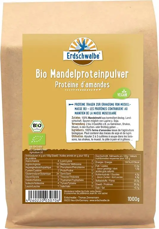 Erdschwalbe Bio Mandelprotein - 53% Proteingehalt - Veganes Eiweißpulver - 1 Kg