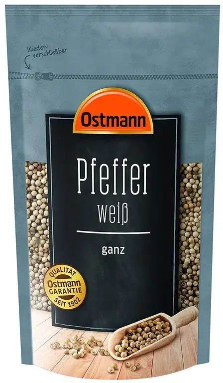 Ostmann Pfeffer weiß ganz 250 g, weiße ungemahlene Pfefferkörner, weißer Pfeffer ganz, für Pfefferstreuer & helle Speisen