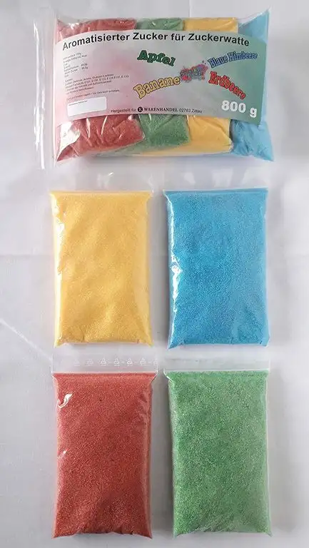 Zucker für bunte Zuckerwatte mit Geschmack 4x200g - Apfel - Erdbeere - Banane - blaue Himbeere | Perfekt für jede Zuckerwattemaschine geeignet | 800 Gramm gesamt