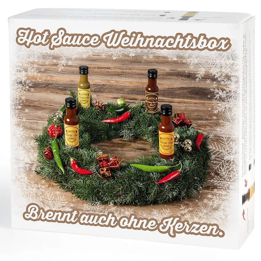 Mexican Tears® - Hot Sauce Weihnachtsbox, Chili Sauce aus Habanero Chili, Chipotle & Meersalz, perfekt zum BBQ, Pulled Pork und zum Würzen [4x100ml scharfe Sauce]