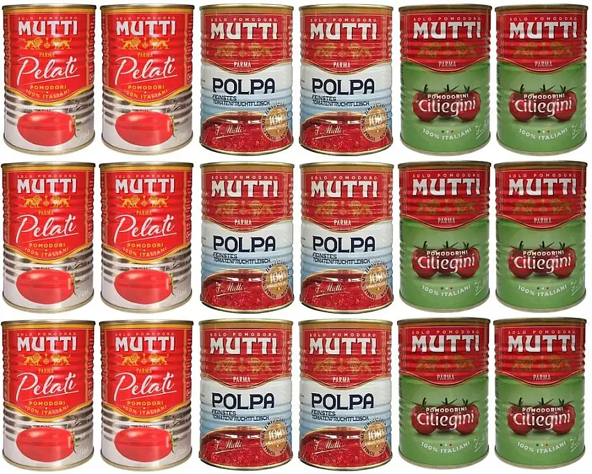 MUTTI Paket - Pomodorini Ciliegini / Kirschtomaten (6 x 400g) + Pomodori Pelati / Schältomaten (6 x 400g) + Polpa/Feinstes Tomatenfleisch (6 x 400g)