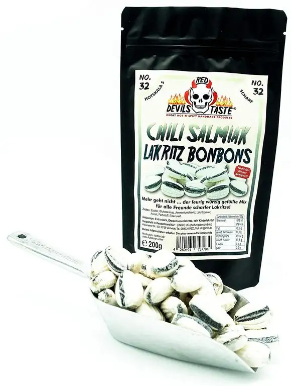 Chili Salmiak Lakritz Bonbon mit Füllung - scharf - 200g - Hotskala: 5