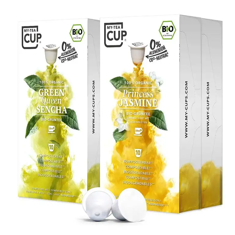 My Tea Cup – GRÜNTEE-BOX: 4 x 10 KAPSELN BIO-TEE I 2 SORTEN BIO-TEE (BIO-GRÜNTEE) I 40 Kapseln für Nespresso®³-Kapselmaschinen I 100% industriell kompostierbare & nachhaltige Teekapseln – 0% Alu