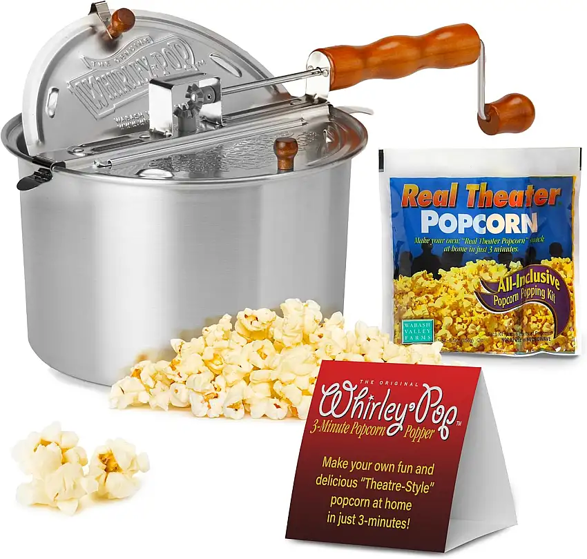 Whirley-Pop Popcorn-Set – Metallgetriebe – Silber – 1 echtes Theater All Inclusive Popping Kit