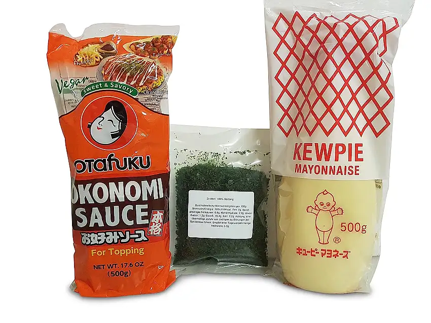 japanische Mayonnaise QP Kewpie, Aonori, Grundzutaten für Okonomiyaki, Takoyaki, Yakisoba Zutaten