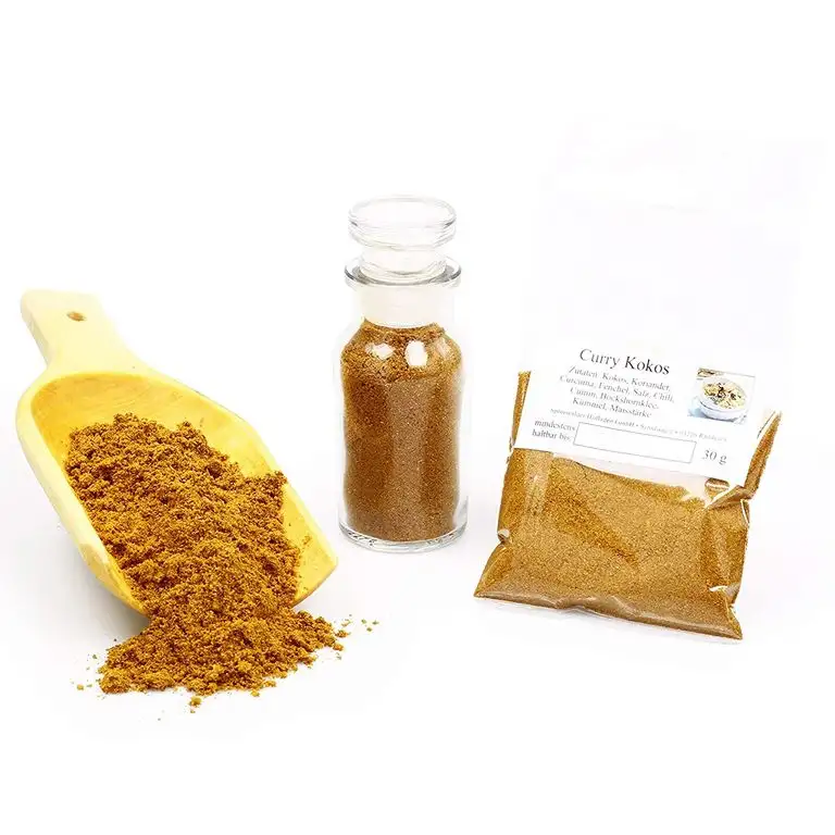Curry Kokos, Currypulver, Curry-Gewürz, Curry Gewürzmischung, Currygewürz, Curry-Vegan, asiatische Gewürze, Kokosnus-Pulver, 30g