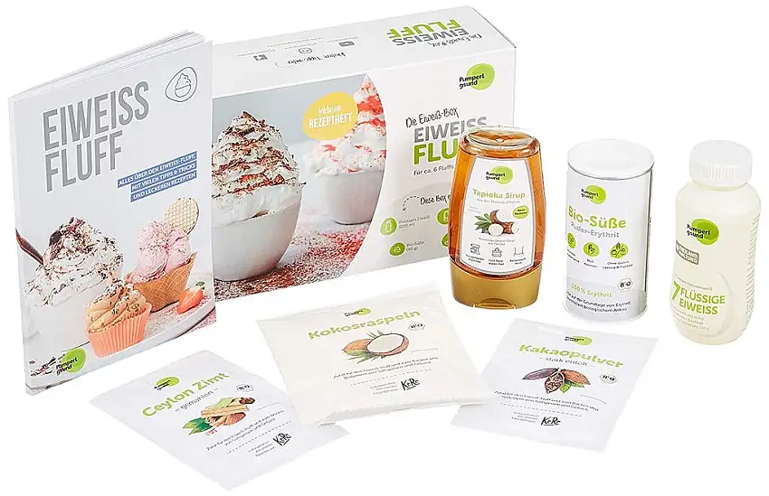 Eiweiß Fluff | Pumperlgsund Fluff Box | Klassikmix-Fluffbox | Kokos, Zimt & Schoko Geschmack | Low Carb | Enthält Erythrit und Tapioka Sirup
