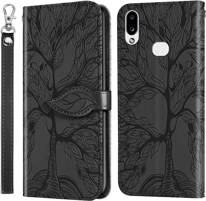Miagon Prägung Lederhülle für Samsung Galaxy A10S,Handyhülle Tasche Brieftasche Hülle Bookstyle Schutzhülle Flip Case Cover Klapphülle Kartenfächer,Baum Schwarz