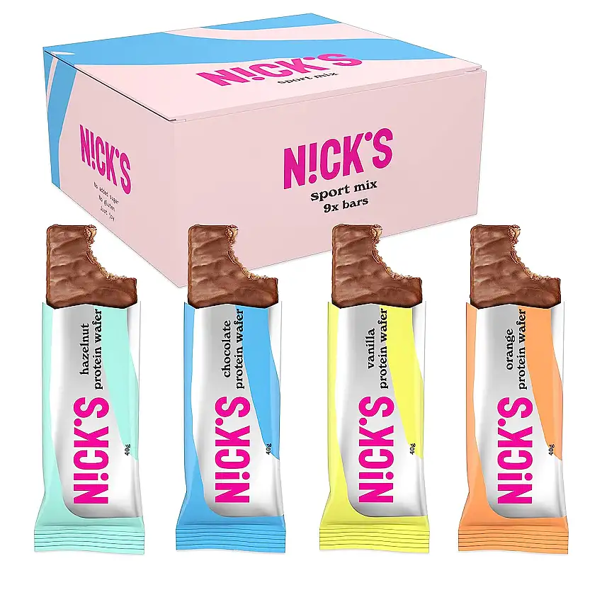 NICKS Protein Wafer Riegel Sport Mix | 25% Eiweiß | 203 Kalorien | Low carb Proteinriegel Schokolade Waffel Kekse ohne Zuckerzusatz Glutenfrei (9 Eiweißriegel x 40g)