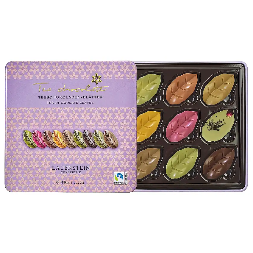 Teeschokoladen in Teeblattform | Hochwertige Metalldose | 90g Teeschokoladen in 9 Geschmacksrichtungen | Geschenkidee, als Mitbringsel oder zur Tee-Pause | alkoholfrei und Fairtrade