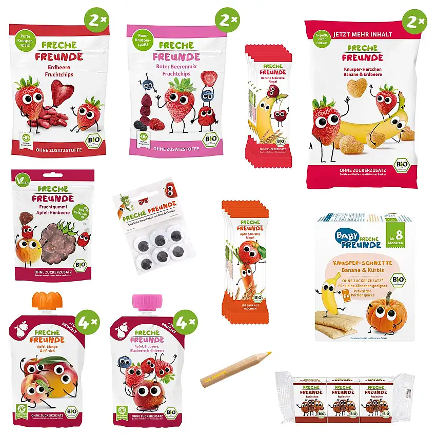 FRECHE FREUNDE Bio Probierpaket, 12 verschiedene Obst- und Gemüsesnacks zum Quetschen, Knabbern & Knuspern, inkl. Wackelaugen, 100% Bio & ohne Zucker oder Salzzusatz, 1 x Paket = 12 Produkte, 22 Stück
