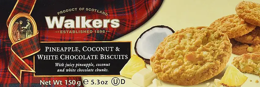 Walkers Biscuits mit weißer Schiokolade,Ananas-und Kokosnussaroma, 4er Pack (4 x 150 g)