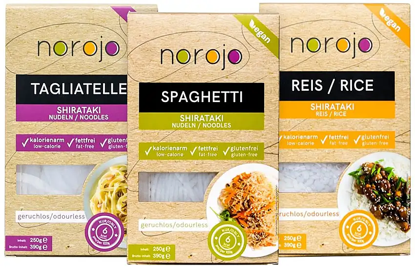 norojo geruchlose Shirataki Nudeln Probierpaket - Spaghetti, Tagliatelle & Reis Art, 1er Pack (3 x 250gr)