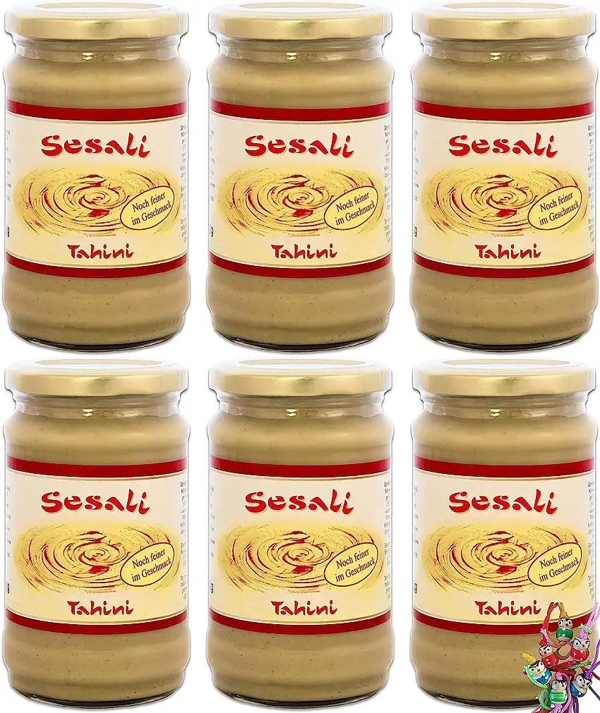 6er Pack ~ Weisse Sesampaste (Tahini) 6x 300g Sesam Paste Tahin + ein kleines Glückspüppchen - Holzpüppchen