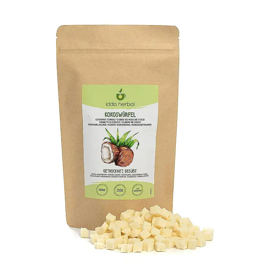 Kokoswürfel (250g), getrocknete Kokos Würfel leicht gesüßt, Trockenobst Snack, Kokosnüsse getrocknet