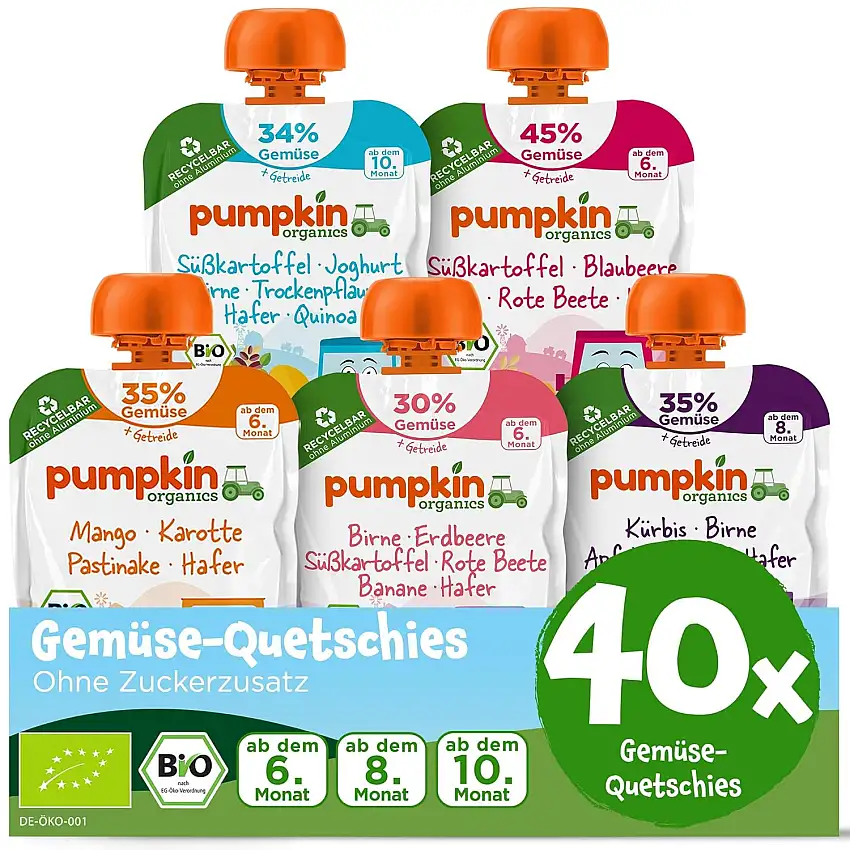 Pumpkin Organics 40er Pack QUERBEET Bio Gemüse-Quetschies - Quetschie ohne Zuckerzusatz - Babynahrung für Babys ab dem 10. Monat - vegetarisch (40x100g)
