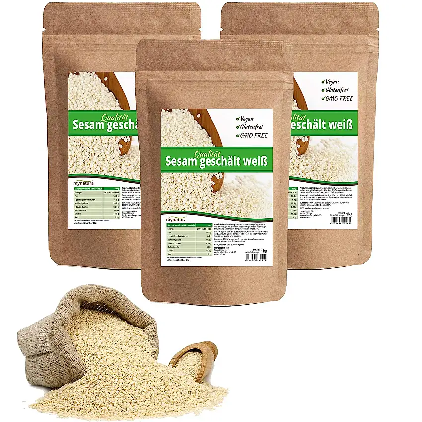 Mynatura Sesam geschält weiß 3x 1000g I Premium Qualität I Ohne Gentechnik I Vegan I Frei von Zusätzen I Kochen I Backen I Fitnessfood - 3x 1kg Beutel