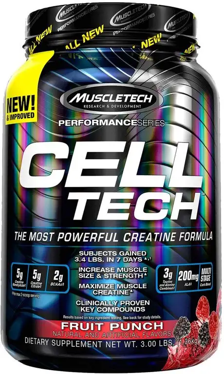 Creatin Monohydrat und BCAA, MuscleTech Cell-Tech Creatine Monohydrate Powder, Aminosäuren und Kreatin für den Muskelaufbau und Kraftraining, Fruchtpunsch, 1.4 kg (28 Portionen)