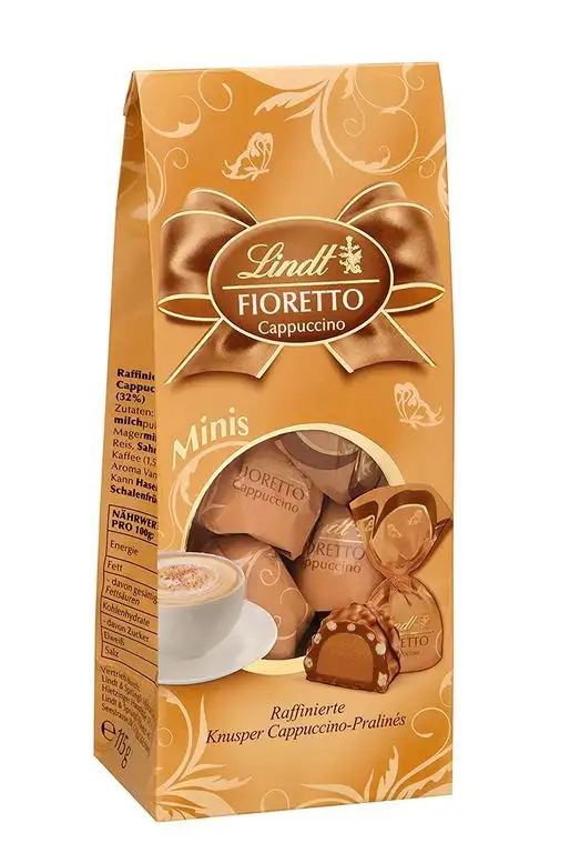 Lindt Fioretto Minis Beutel, Cappuccino, Raffinierte Pralinés mit feiner Cappuccino-Sahnecrème-Füllung und aromatisch gerösteten Kaffeestückchen umhüllt von knusprigem Crisp, 4er Pack (4 x 115 g)