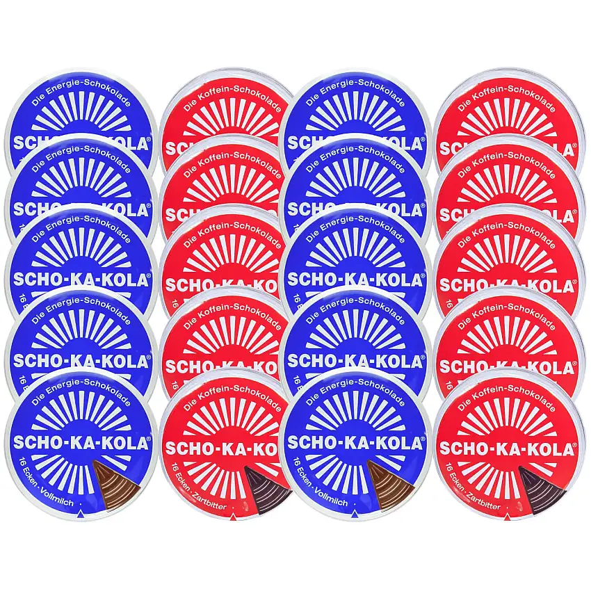 SCHO-KA-KOLA Original - Zartbitter 10er Pack (10x 100 g) & Vollmilch 10er Pack (10 x 100g) I Schokoladen-Tafel in der Dose I Koffein Schokolade I Schokoladen Snack I Kaffee Knabberartikel