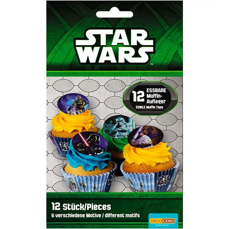 DECOCINO Muffin-Aufleger Star Wars – 12 Stück, ø 4,5 cm - essbare Disney Kuchen-Deko, ideal zum Verzieren und Dekorieren von Muffins & Cupcakes – laktosefrei & halal