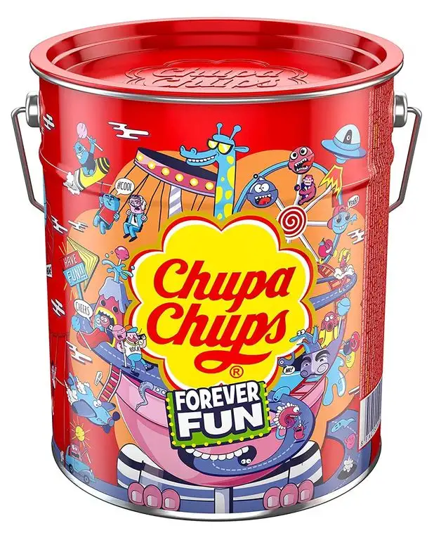 Chupa Chups Best of Lollipop-Eimer, 150 Lutscher in der Aufbewahrungsdose, Pop-Art Metalldose mit 6 Geschmacksrichtungen