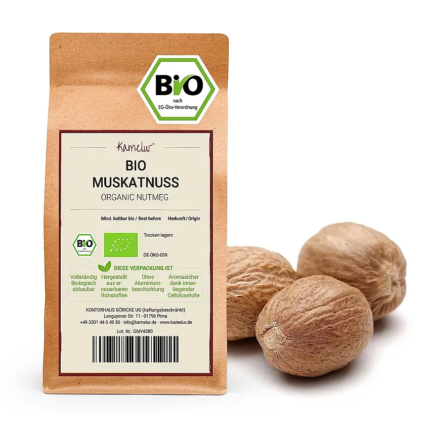 Kamelur 60g BIO Muskatnuss (Muskat) ganz - handverlesene Muskatnüsse (9-12 Stück) in bester BIO-Qualität - für die Muskatmühle - in biologisch abbaubarer Verpackung