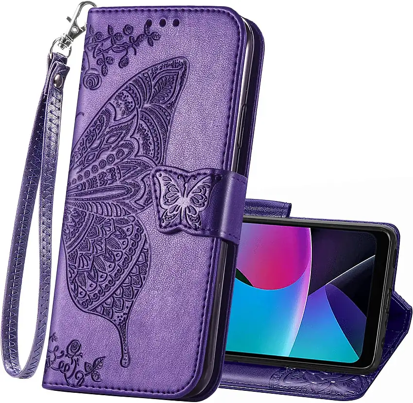 Schutzhülle für Moto G 5G 2023, PU-Leder, Brieftaschenformat, Klapphülle, Handschlaufe, Kartenfächer, Tasche, Prägung, Schmetterling, Blume, Standfunktion, für Motorola Moto G 5G 2023, Violett