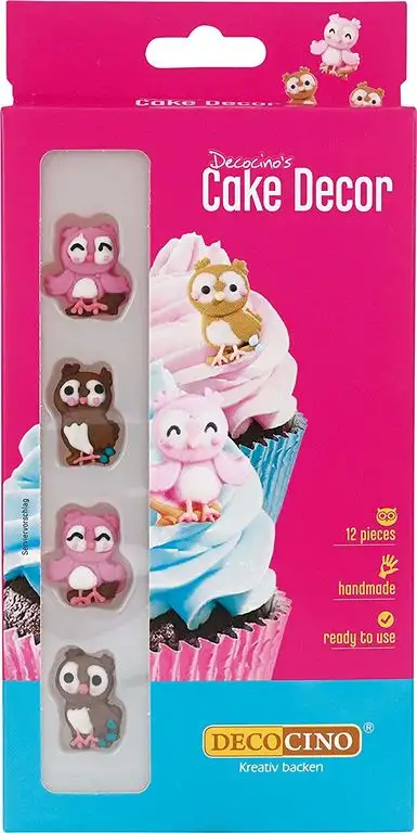 DECOCINO Cake Decor, Eulen Zuckerdekor – 12 Stück – essbares Dekor, ideal zum Verzieren von Cupcakes, Kuchen und Torten – ohne Palmöl, Glutenfrei und Halal