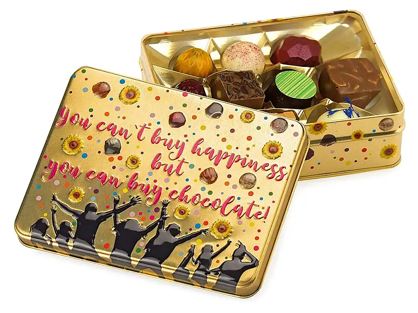 Präsentdose "You can`t buy Happiness, but you can buy chocolate!" 125g, Manufakturqualität!, handgefertigt von den Konditoren der Confiserie Rabbel...für ein Lächeln mehr am Tag