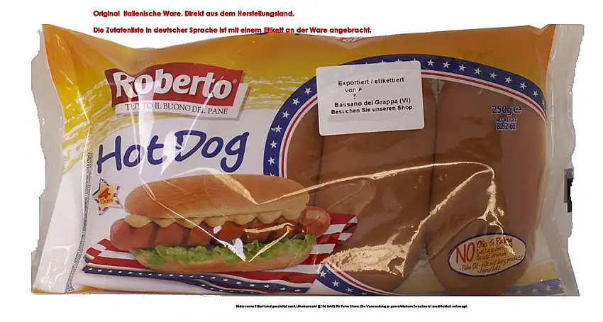 Roberto Hot Dog 6 x 4 x 62,5g = 1500g Softes Weizenbrötchen zur Zubereitung von Hot Dog mit Rapsöl